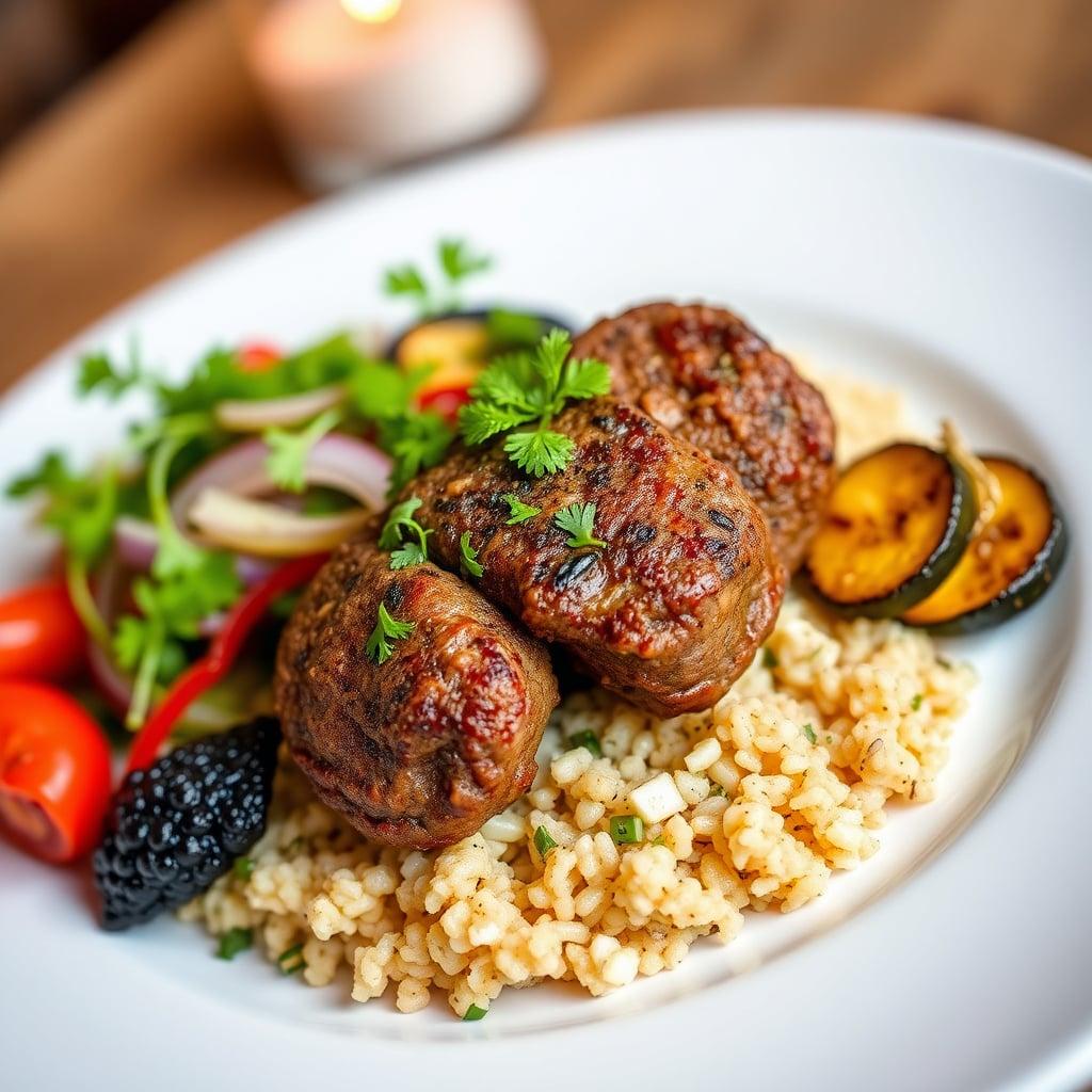 Middle Eastern Beef Kofta with Sumac-Spiced Onion Salad, Herbed Bulgur Pilaf, and Charred Zucchini Middle Eastern Beef Kofta with Sumac-Spiced Onion Salad, Herbed Bulgur Pilaf, and Charred Zucchini