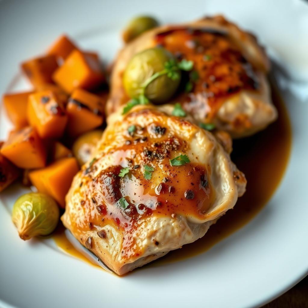 Spiced Chicken Thighs with Roasted Sweet Potatoes and Brussels Sprouts