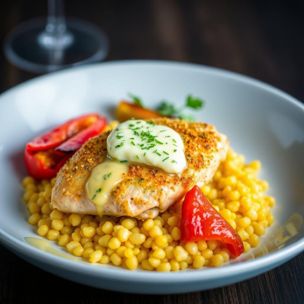 Herb-Crusted Chicken Thighs with Garlic-Chive Compound Butter, Saffron-Infused Pearl Couscous, and Roasted Bell Pepper Medley Herb-Crusted Chicken Thighs with Garlic-Chive Compound Butter, Saffron-Infused Pearl Couscous, and Roasted Bell Pepper Medley