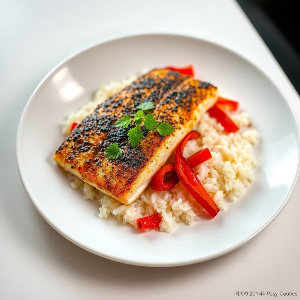 Blackened Tilapia with Cilantro-Lime Rice and Roasted Bell Pepper Medley