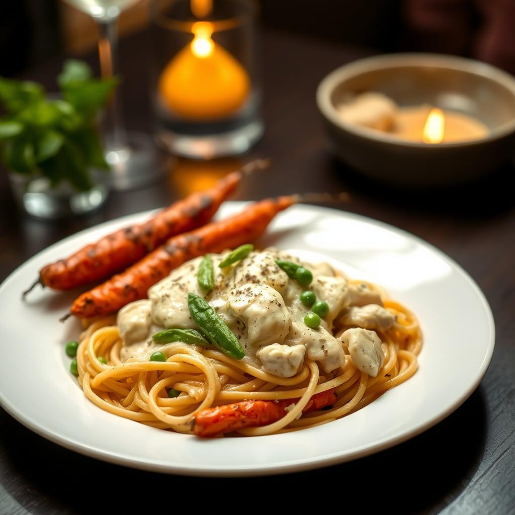Creamy Chicken Fettuccine Alfredo with Spring Peas and Herb Roasted Carrots Creamy Chicken Fettuccine Alfredo with Spring Peas and Herb Roasted Carrots
