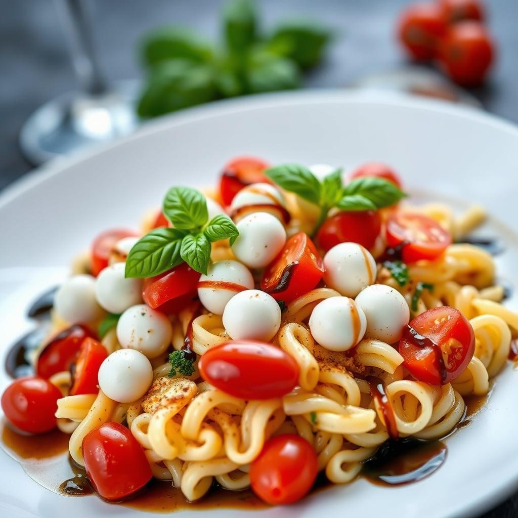Caprese Pasta Salad with Balsamic Glaze and Fresh Basil