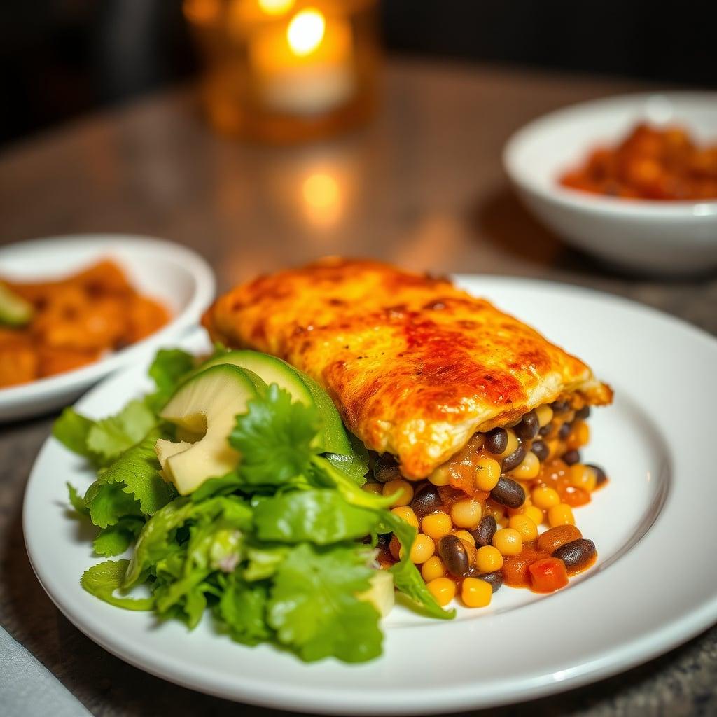Black Bean and Corn Enchilada Casserole with Avocado Lime Salad