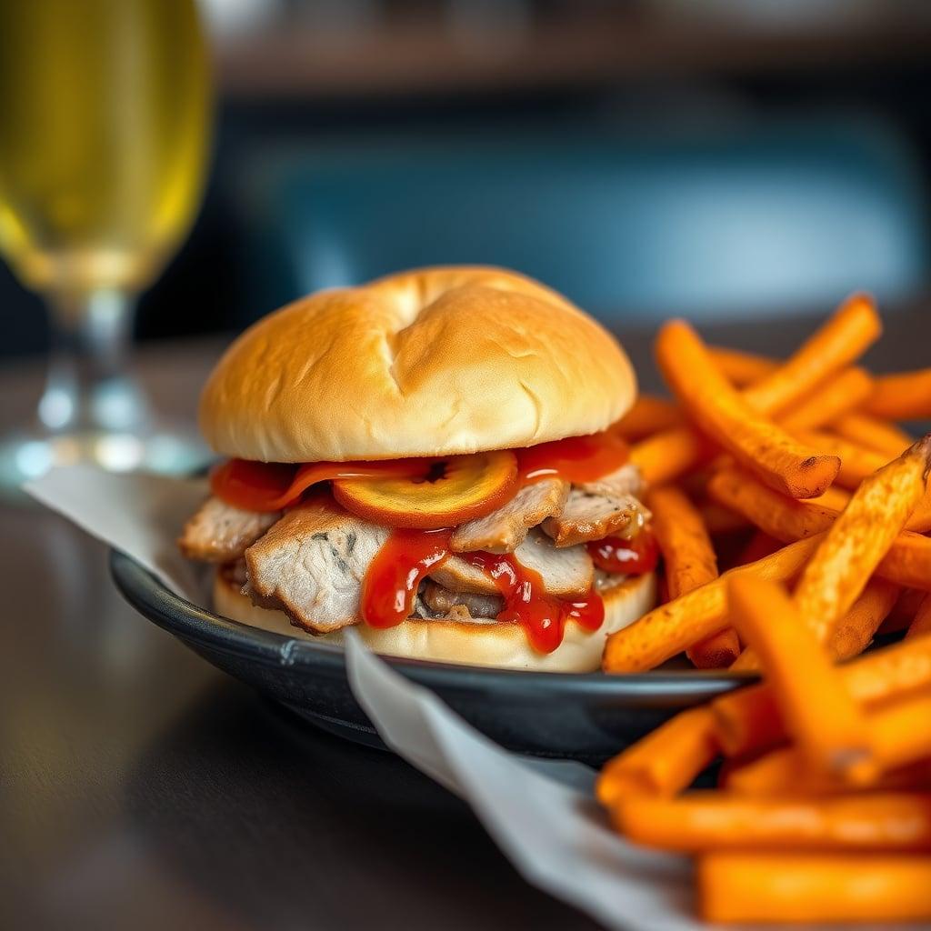 Sliced Pork Chop Sandwiches with Sweet Potato Fries Sliced Pork Chop Sandwiches with Sweet Potato Fries