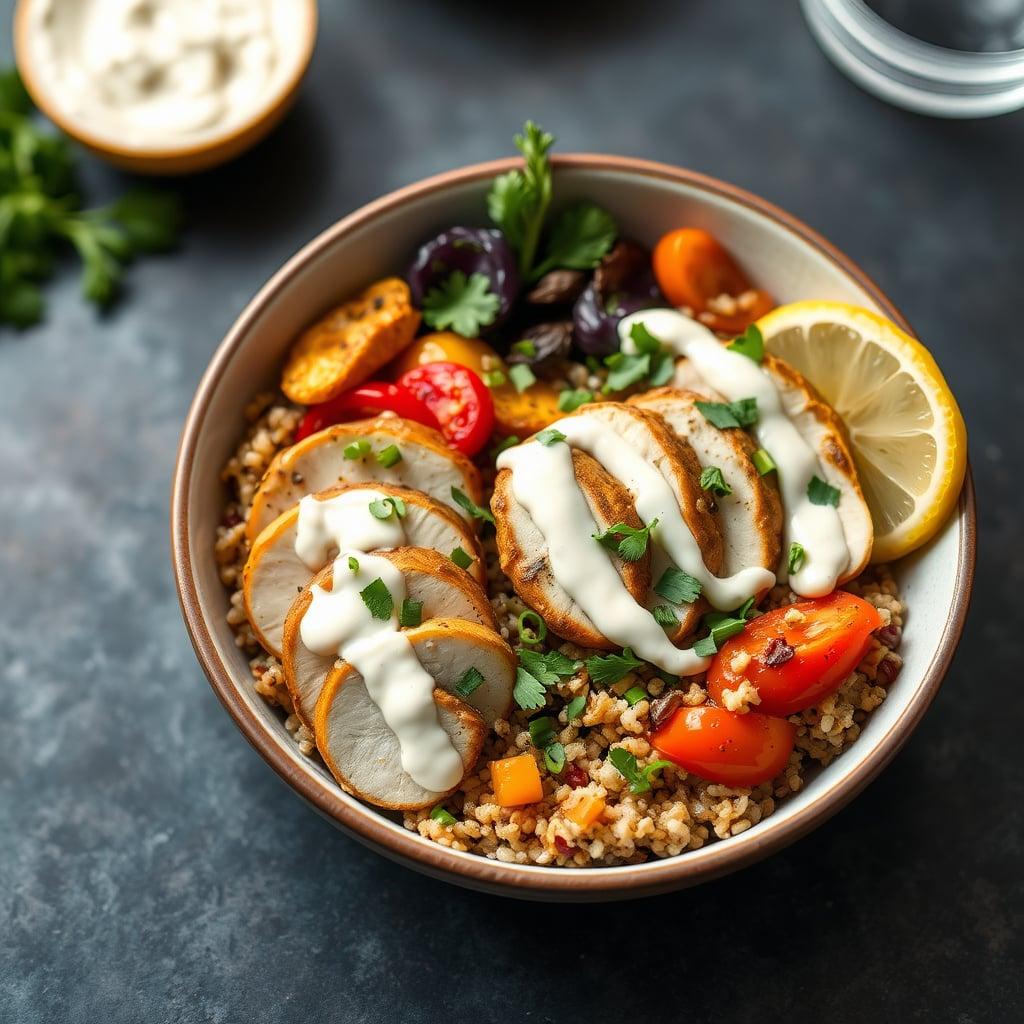 Mediterranean Grain Bowl with Herb-Marinated Chicken and Lemon Tahini Drizzle Mediterranean Grain Bowl with Herb-Marinated Chicken and Lemon Tahini Drizzle