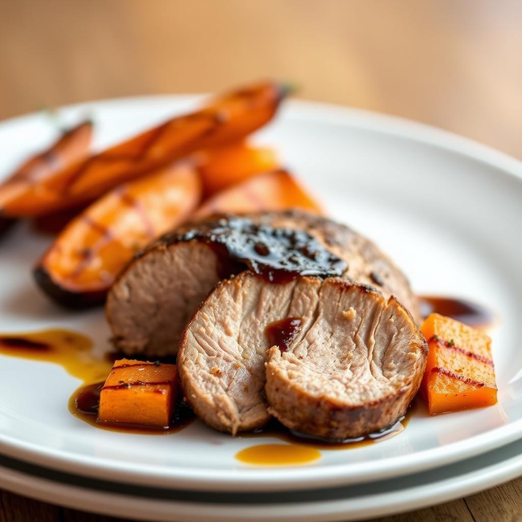 Balsamic Glazed Pork Tenderloin with Roasted Sweet Potatoes Balsamic Glazed Pork Tenderloin with Roasted Sweet Potatoes