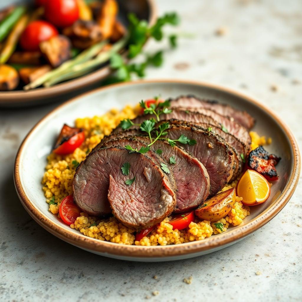 Mediterranean Herb-Crusted Sirloin with Lemon-Garlic Couscous and Roasted Vegetables Mediterranean Herb-Crusted Sirloin with Lemon-Garlic Couscous and Roasted Vegetables