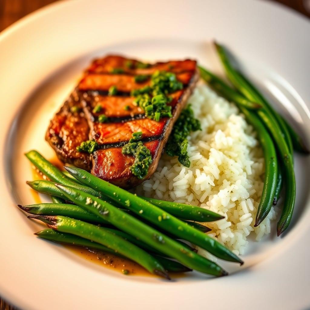 Seared Flank Steak with Chimichurri, White Rice, and Roasted Green Beans Seared Flank Steak with Chimichurri, White Rice, and Roasted Green Beans