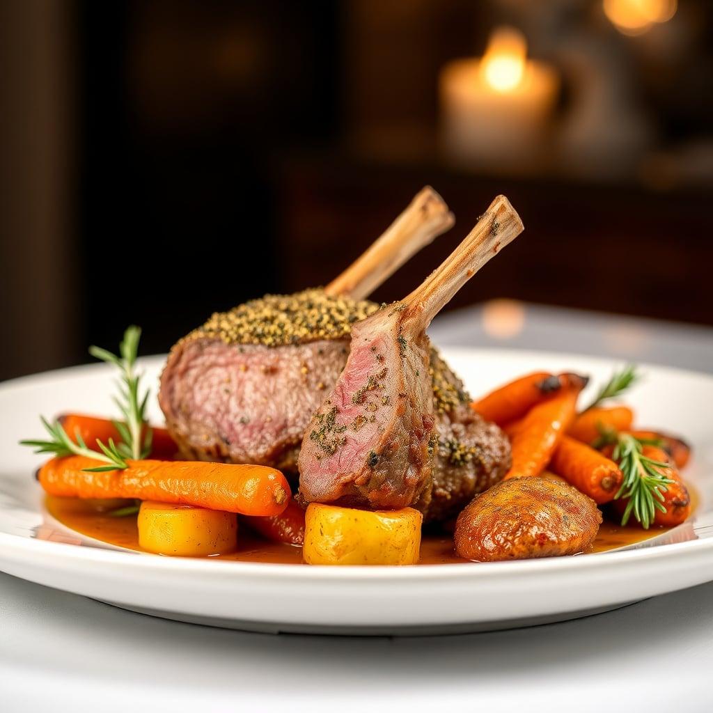 Herb-Crusted Rack of Lamb with Rosemary Roasted Potatoes and Honey-Glazed Carrots Herb-Crusted Rack of Lamb with Rosemary Roasted Potatoes and Honey-Glazed Carrots
