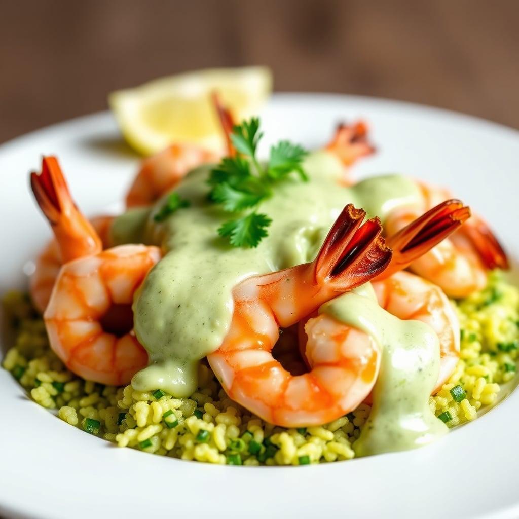 Garlic-Lime Prawns with Creamy Poblano Sauce and Cilantro Cauliflower Rice Garlic-Lime Prawns with Creamy Poblano Sauce and Cilantro Cauliflower Rice