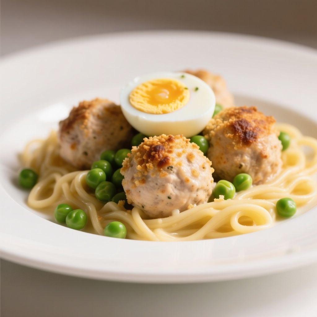 Creamy Chicken Meatballs with Buttered Egg Noodles and Peas Creamy Chicken Meatballs with Buttered Egg Noodles and Peas