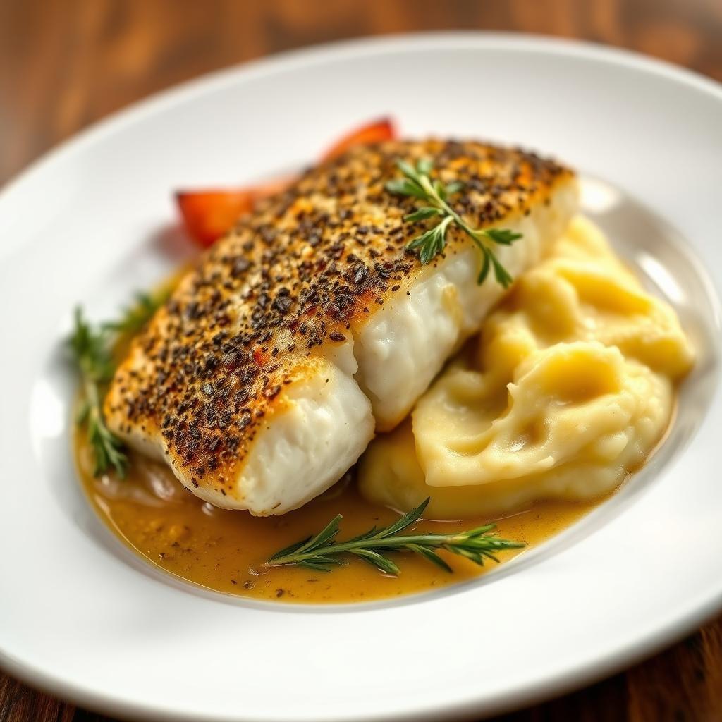Herb-Crusted Baked Cod with Roasted Garlic Mashed Potatoes Herb-Crusted Baked Cod with Roasted Garlic Mashed Potatoes