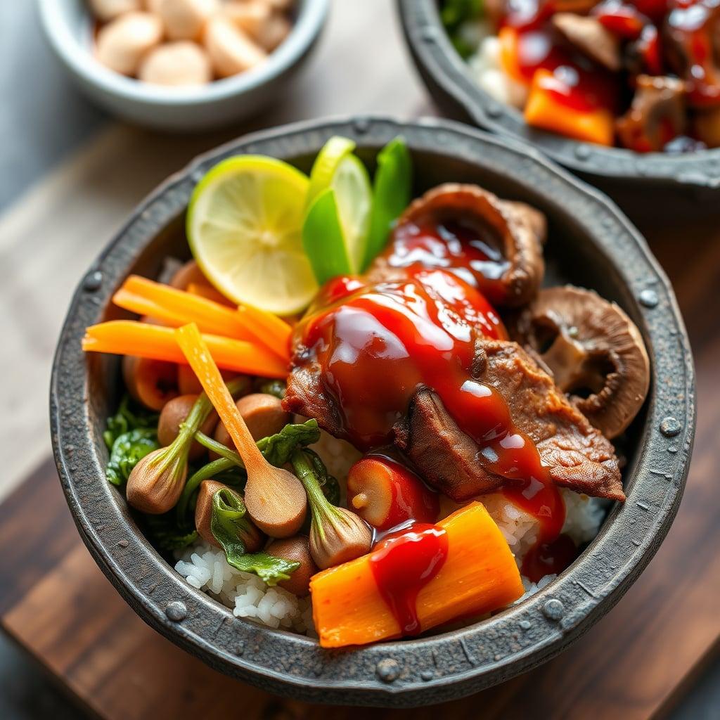 Korean-Inspired Brisket Bibimbap Bowls with Quick-Pickled Vegetables and Gochujang Glaze Korean-Inspired Brisket Bibimbap Bowls with Quick-Pickled Vegetables and Gochujang Glaze