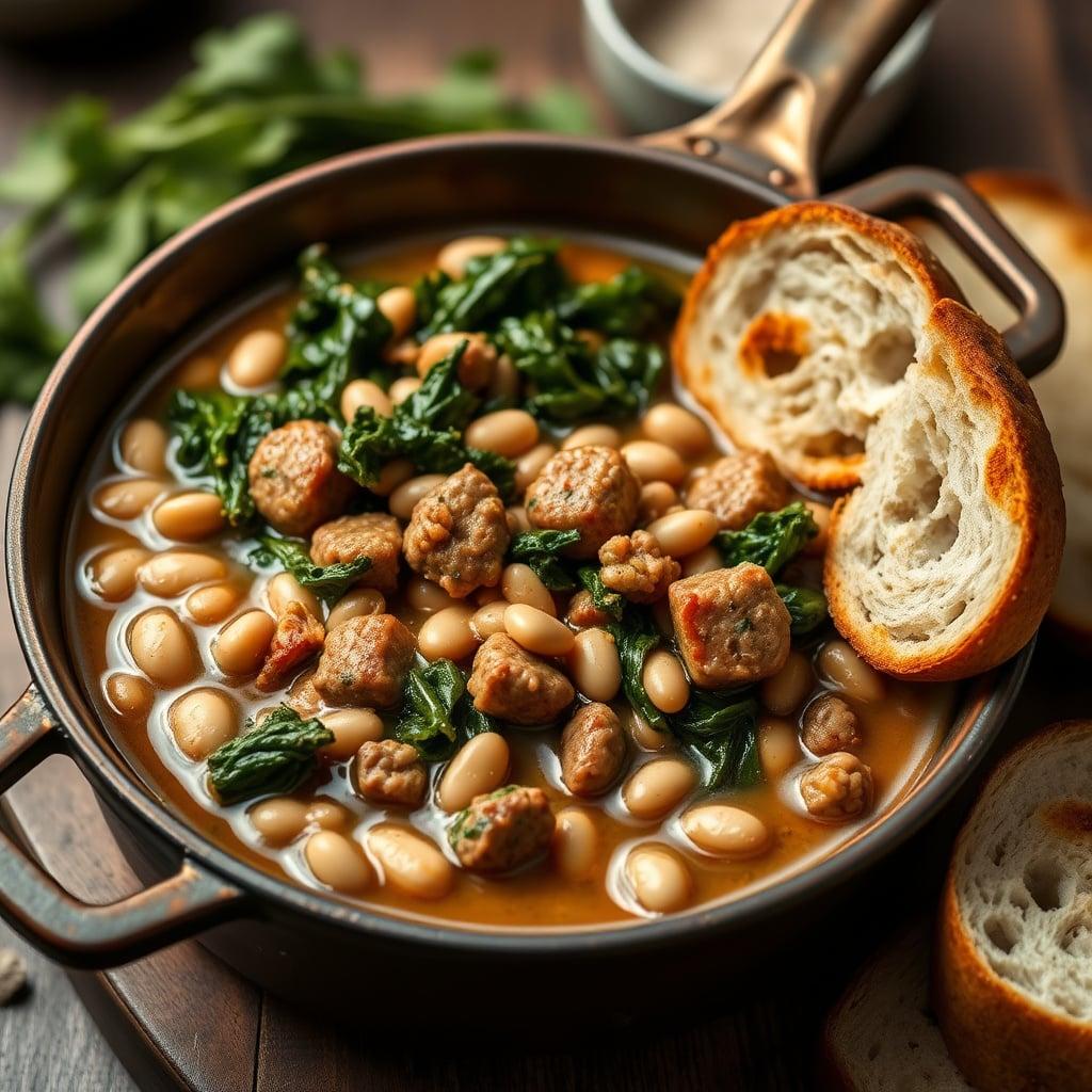 One-Skillet Tuscan Sausage, White Bean, and Kale Stew One-Skillet Tuscan Sausage, White Bean, and Kale Stew