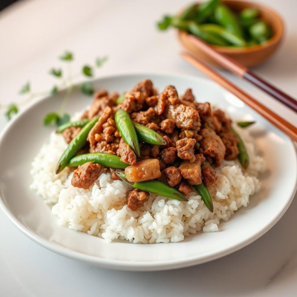 Ground Beef and Snap Pea Stir-Fry with White Rice Ground Beef and Snap Pea Stir-Fry with White Rice