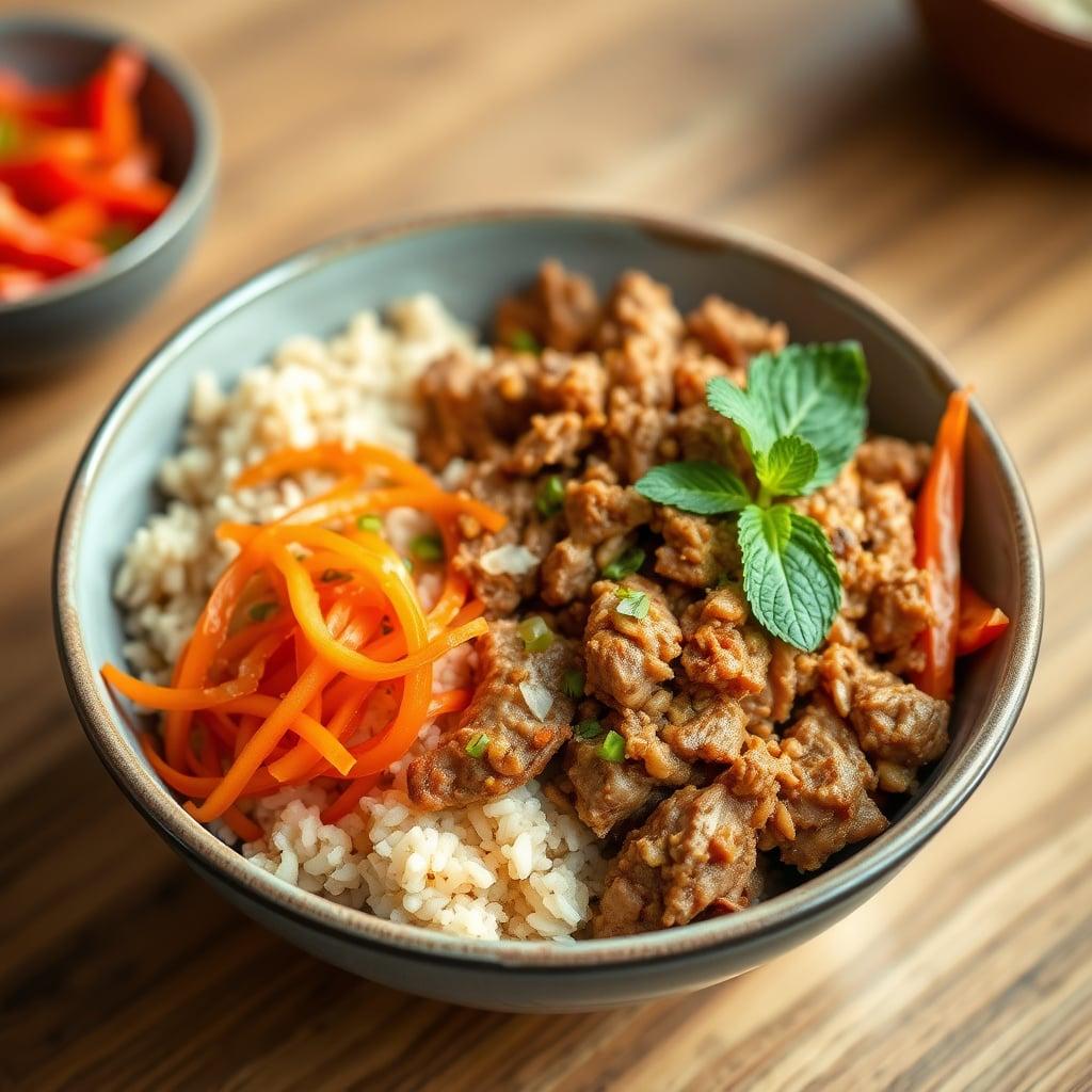 Thai-Style Toasted Rice Pork Larb with Lemongrass-Scented Jasmine Rice and Crisp Bell Pepper Salad