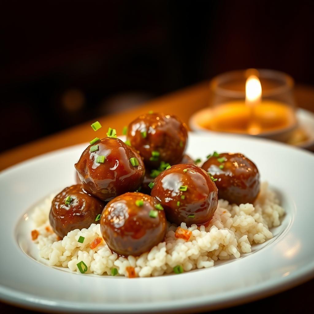Honey Garlic Glazed Meatballs with Rice Honey Garlic Glazed Meatballs with Rice