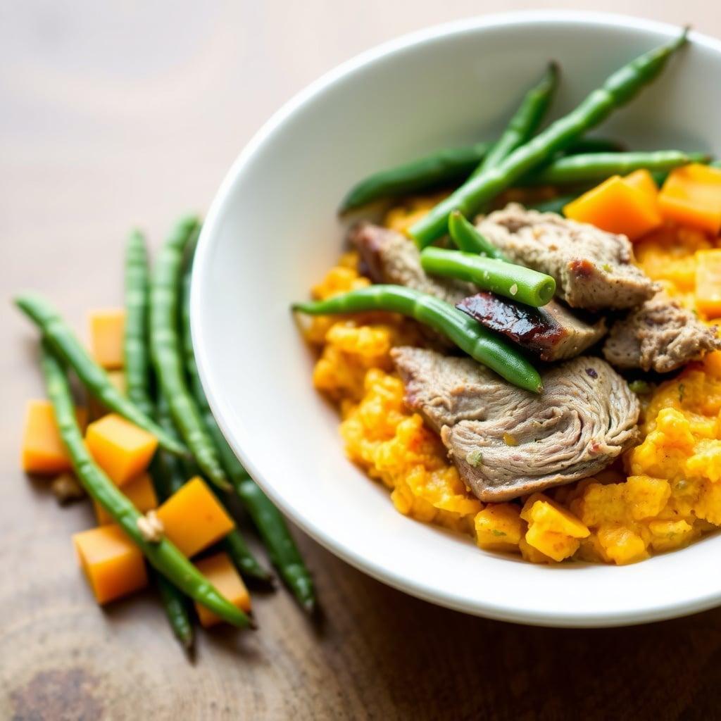 Leftover Cider-Braised Pork Bowl with Garlic Sweet Potato Mash and Green Beans Leftover Cider-Braised Pork Bowl with Garlic Sweet Potato Mash and Green Beans