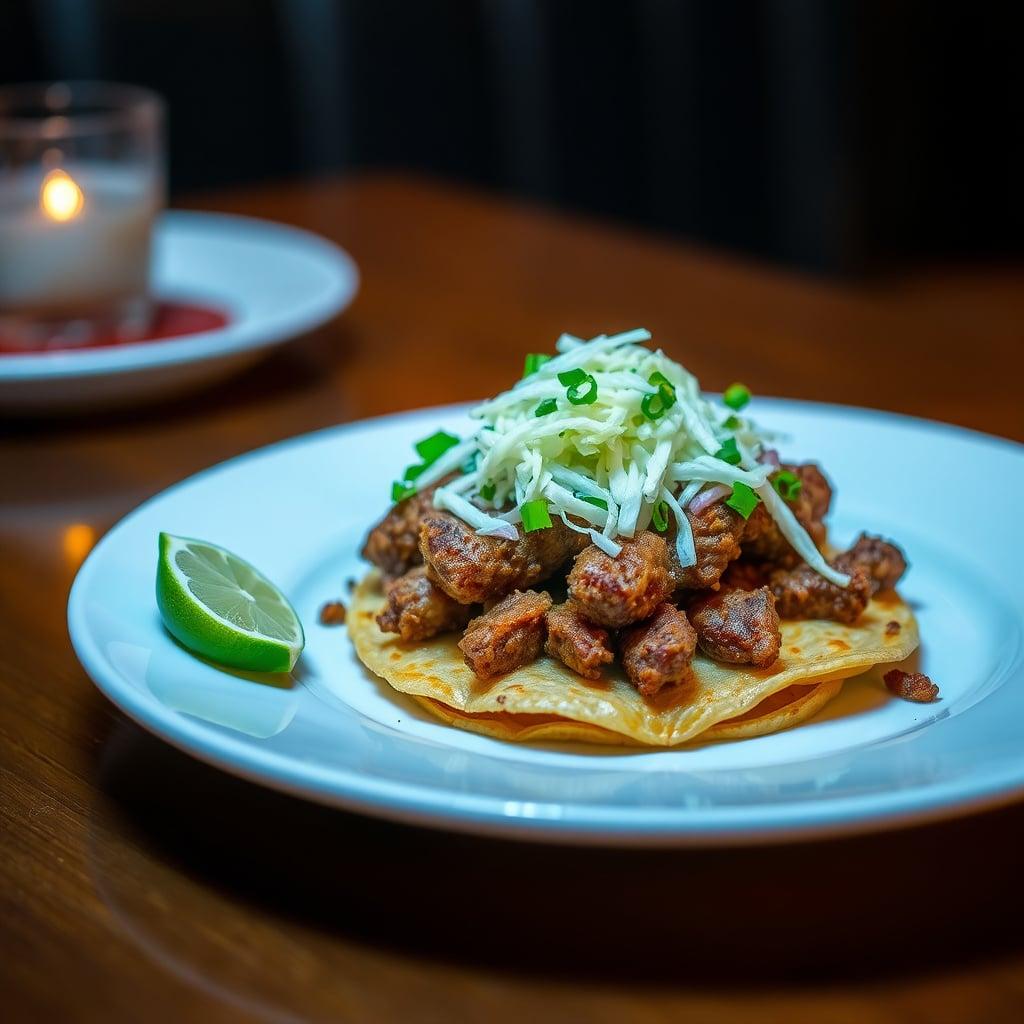 Crispy Skillet Beef Tostadas with Refried Beans and Lime-Cabbage Slaw Crispy Skillet Beef Tostadas with Refried Beans and Lime-Cabbage Slaw