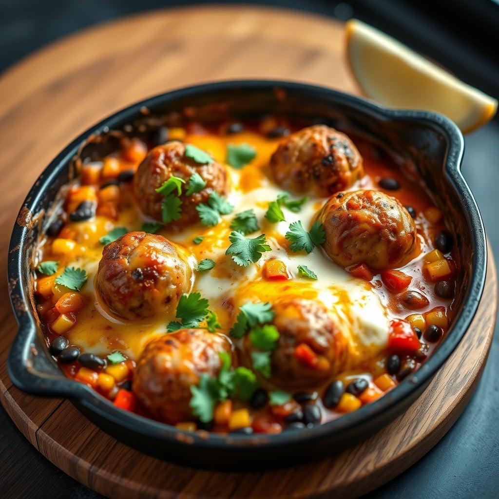 One-Skillet Southwestern Meatball Enchilada Bake with Charred Corn and Velvety Crema One-Skillet Southwestern Meatball Enchilada Bake with Charred Corn and Velvety Crema