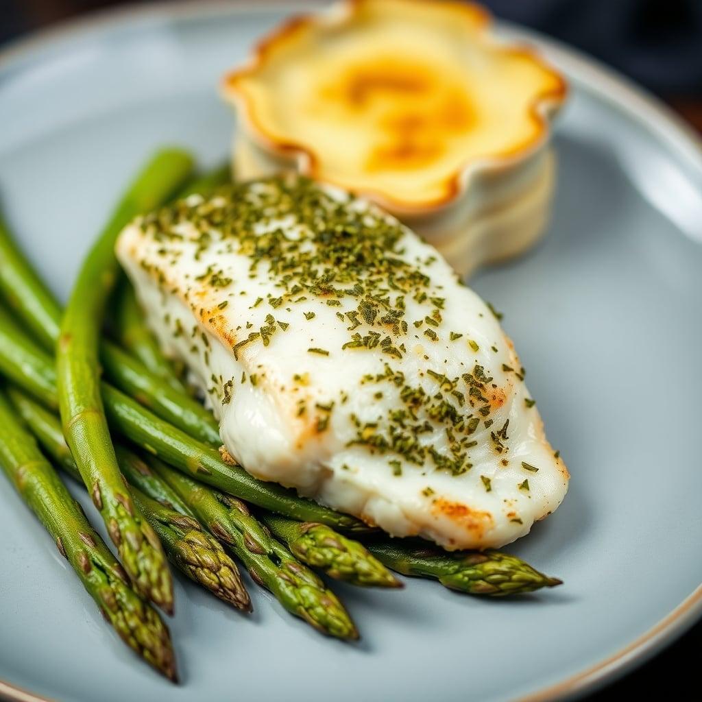Herb-Crusted Baked Cod with Creamy Leek and Potato Gratin and Lemony Asparagus Herb-Crusted Baked Cod with Creamy Leek and Potato Gratin and Lemony Asparagus