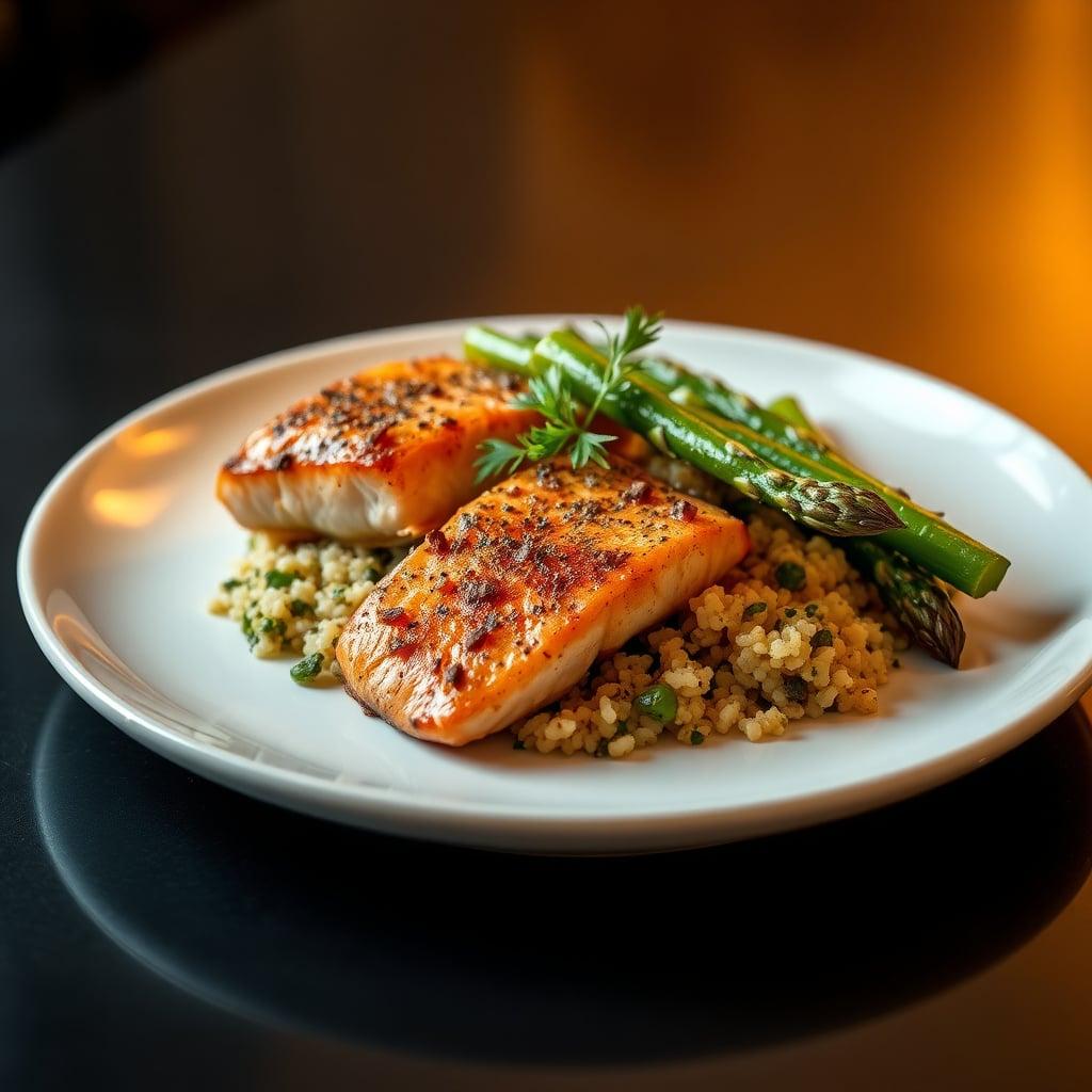 Lemon Dill Pan-Seared Salmon with Herb Quinoa and Roasted Asparagus