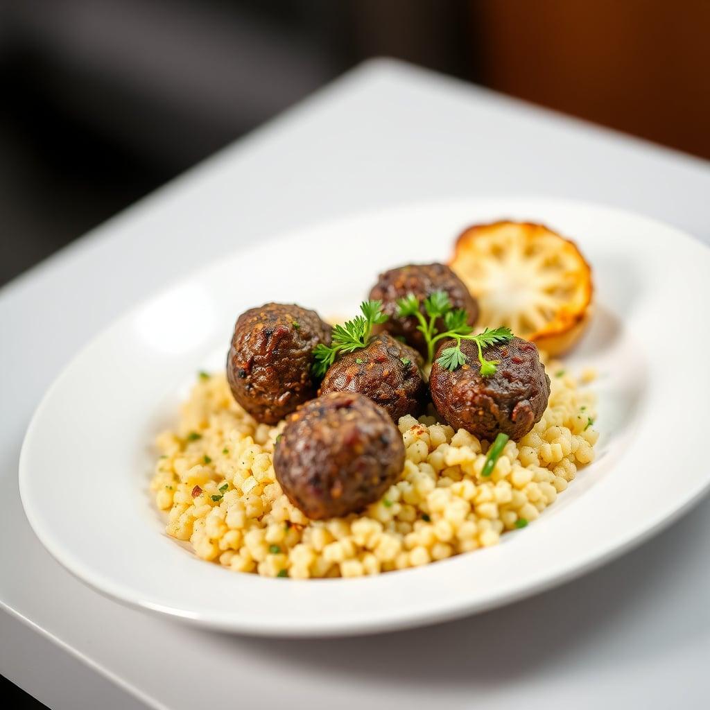 Za'atar-Spiced Lamb Meatballs with Lemon-Garlic Couscous & Roasted Cauliflower Za'atar-Spiced Lamb Meatballs with Lemon-Garlic Couscous & Roasted Cauliflower