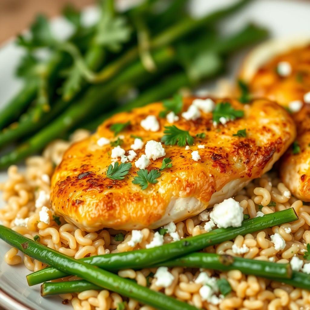 Sheet-Pan Lemon-Garlic Chicken Breasts with Crispy Skin, Feta-Herbed Orzo, and Roasted Green Beans Sheet-Pan Lemon-Garlic Chicken Breasts with Crispy Skin, Feta-Herbed Orzo, and Roasted Green Beans