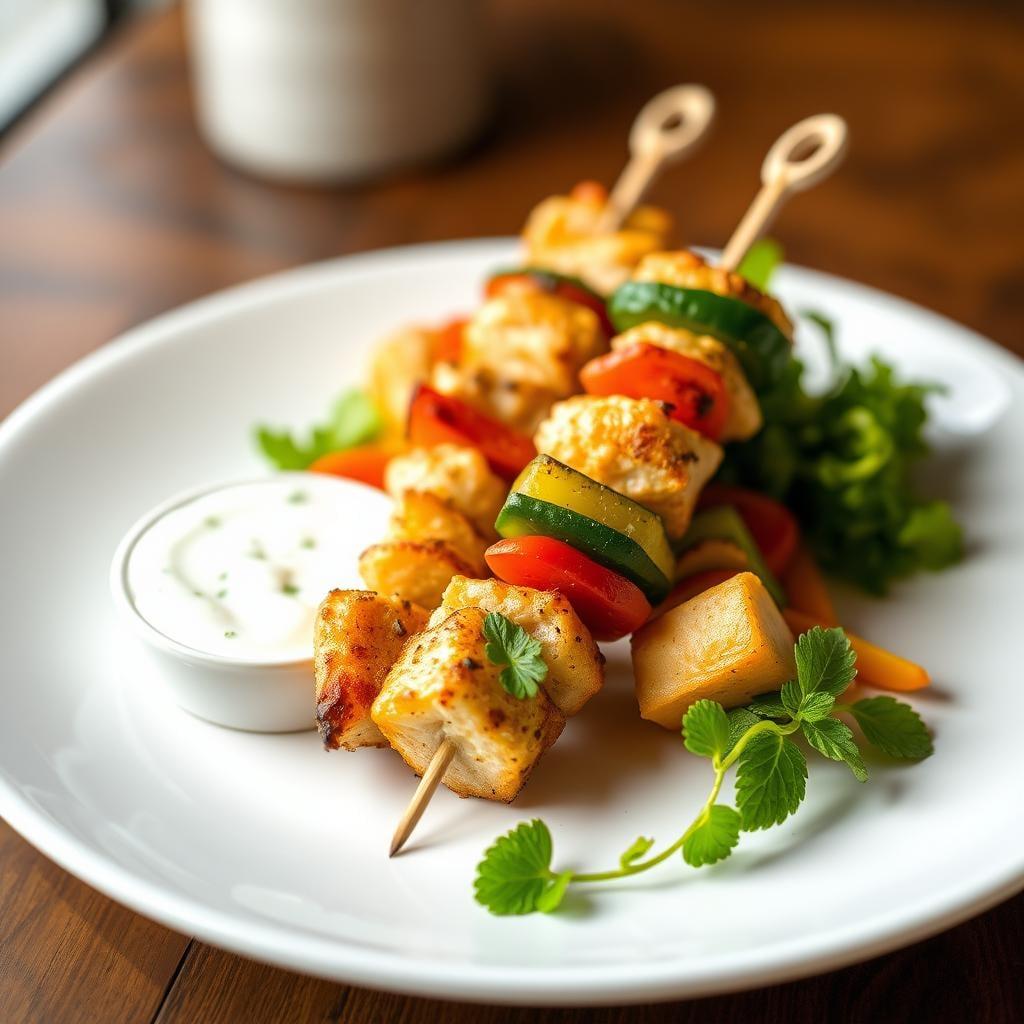 Air Fryer Turkey and Vegetable Skewers with Mint Yogurt Sauce