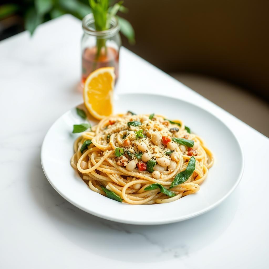 Whole Grain Pasta Primavera with White Beans & Lemon-Garlic Sauce Whole Grain Pasta Primavera with White Beans & Lemon-Garlic Sauce