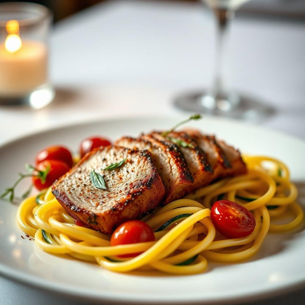 Spice-Rubbed Pork Tenderloin with Zucchini Noodles and Roasted Cherry Tomatoes Spice-Rubbed Pork Tenderloin with Zucchini Noodles and Roasted Cherry Tomatoes