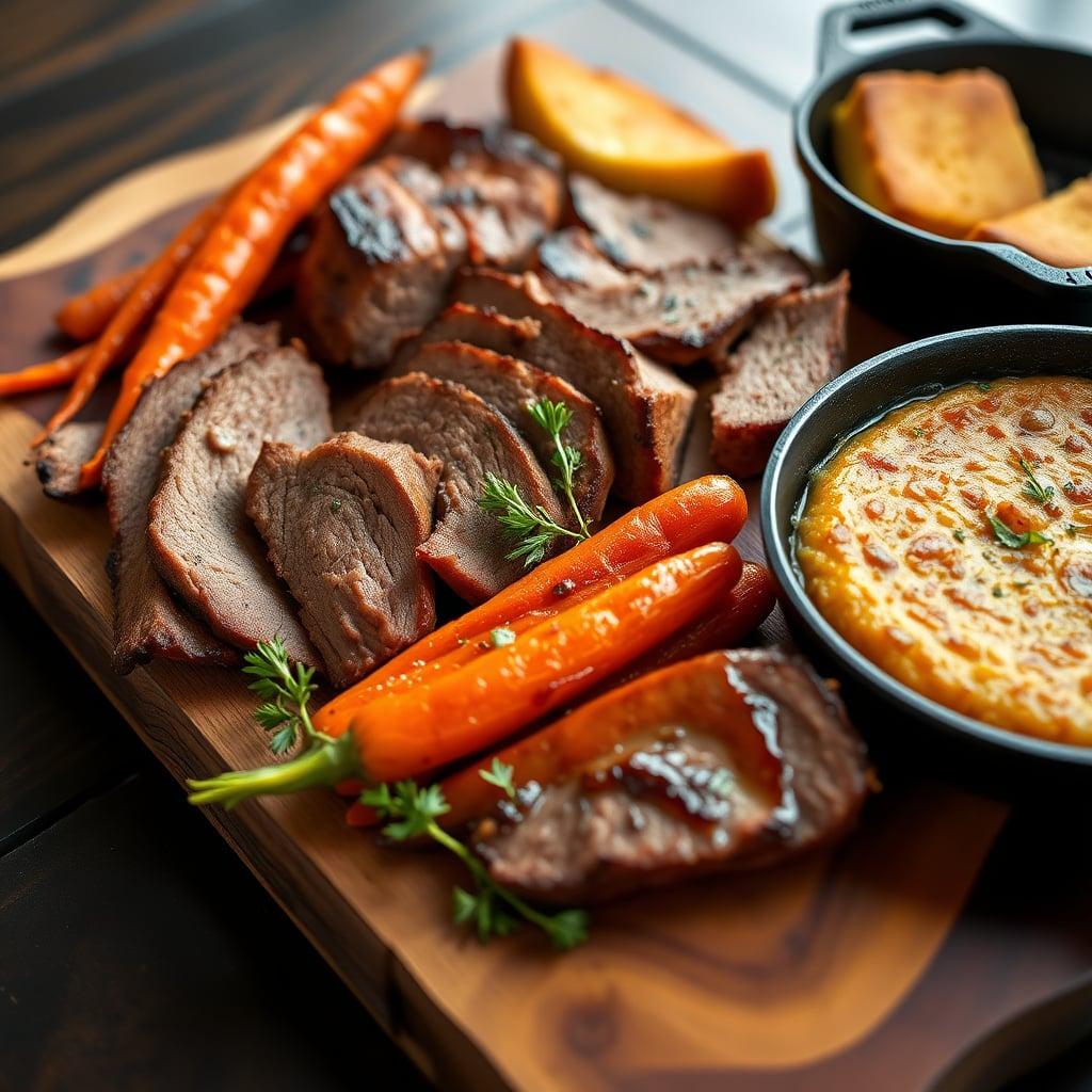 Texas-Style Smoked Brisket Platter with Bourbon-Glazed Heirloom Carrots and Skillet Jalapeño Cornbread Texas-Style Smoked Brisket Platter with Bourbon-Glazed Heirloom Carrots and Skillet Jalapeño Cornbread