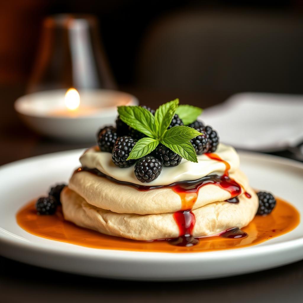 Blackberry-Basil Pavlova with White Chocolate Ganache and Balsamic Reduction