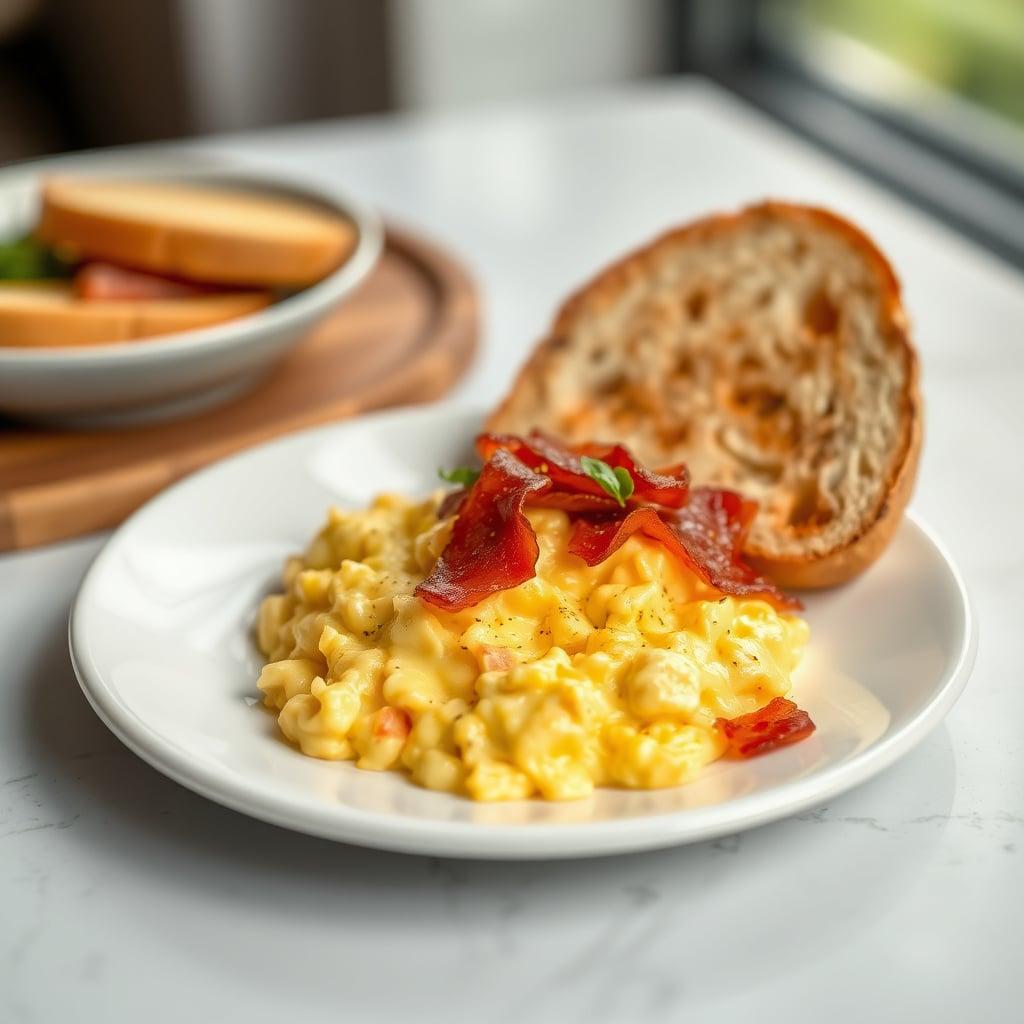 Soft Scrambled Eggs with Crispy Pancetta and Toasted Bread Soft Scrambled Eggs with Crispy Pancetta and Toasted Bread