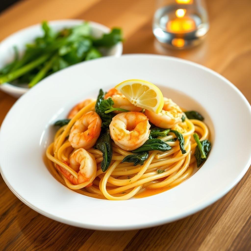 Lemon-Garlic Shrimp Pasta with Sautéed Greens Lemon-Garlic Shrimp Pasta with Sautéed Greens