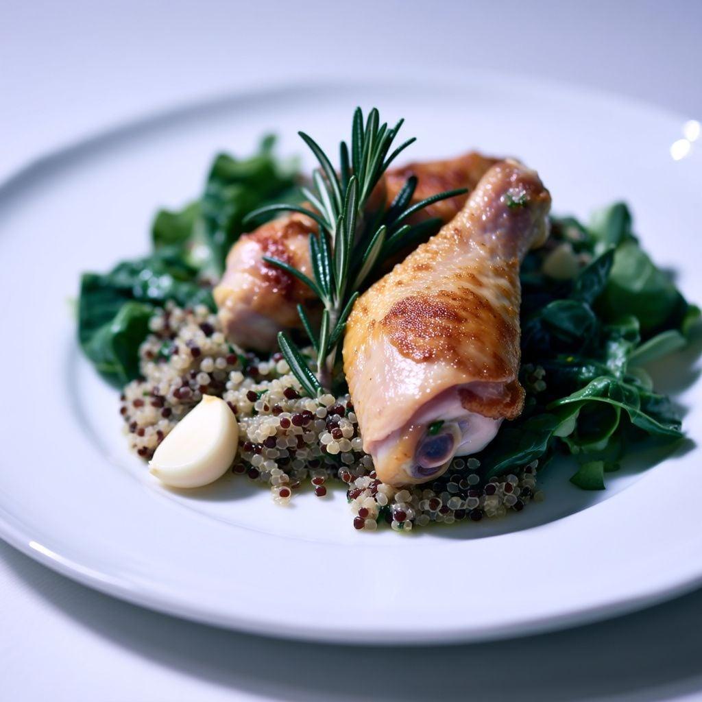 Air-Fryer Crispy Herb Chicken Thighs with Creamy Quinoa and Wilted Greens Air-Fryer Crispy Herb Chicken Thighs with Creamy Quinoa and Wilted Greens