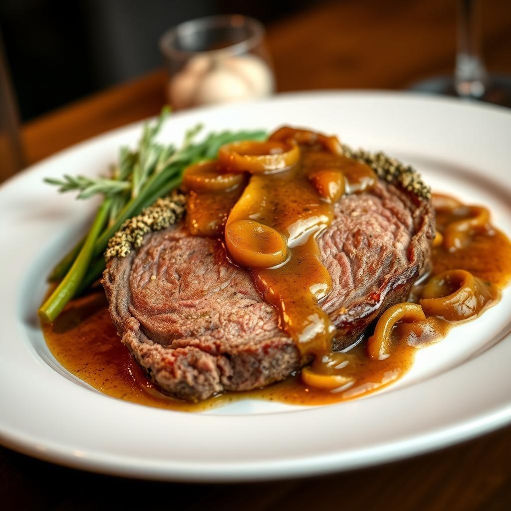 Herb-Crusted Roast Beef with Caramelized Onion Gravy Herb-Crusted Roast Beef with Caramelized Onion Gravy