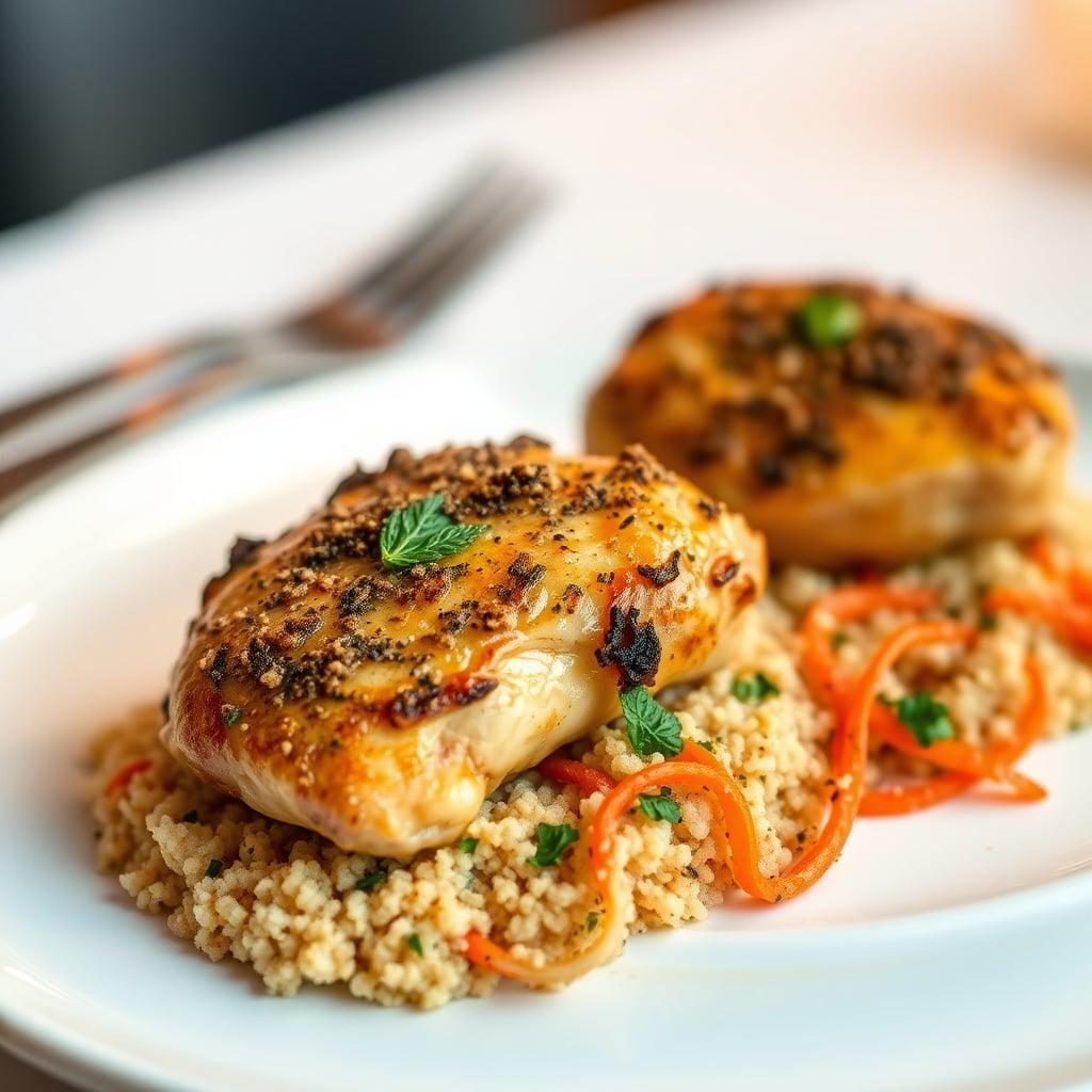 Za'atar Roasted Chicken Thighs with Mint-Feta Bulgur and Carrot Ribbons