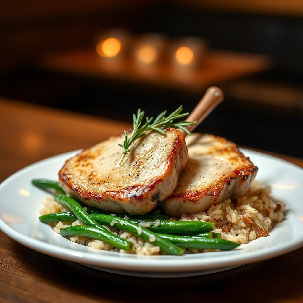 Rosemary-Garlic Pork Chops with Buttered Wild Rice and Maple Glazed Green Beans Rosemary-Garlic Pork Chops with Buttered Wild Rice and Maple Glazed Green Beans