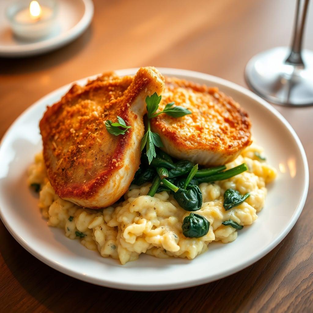 Baked Parmesan-Crusted Pork Chops with Creamy Lemon Risotto and Garlic-Sauteed Spinach