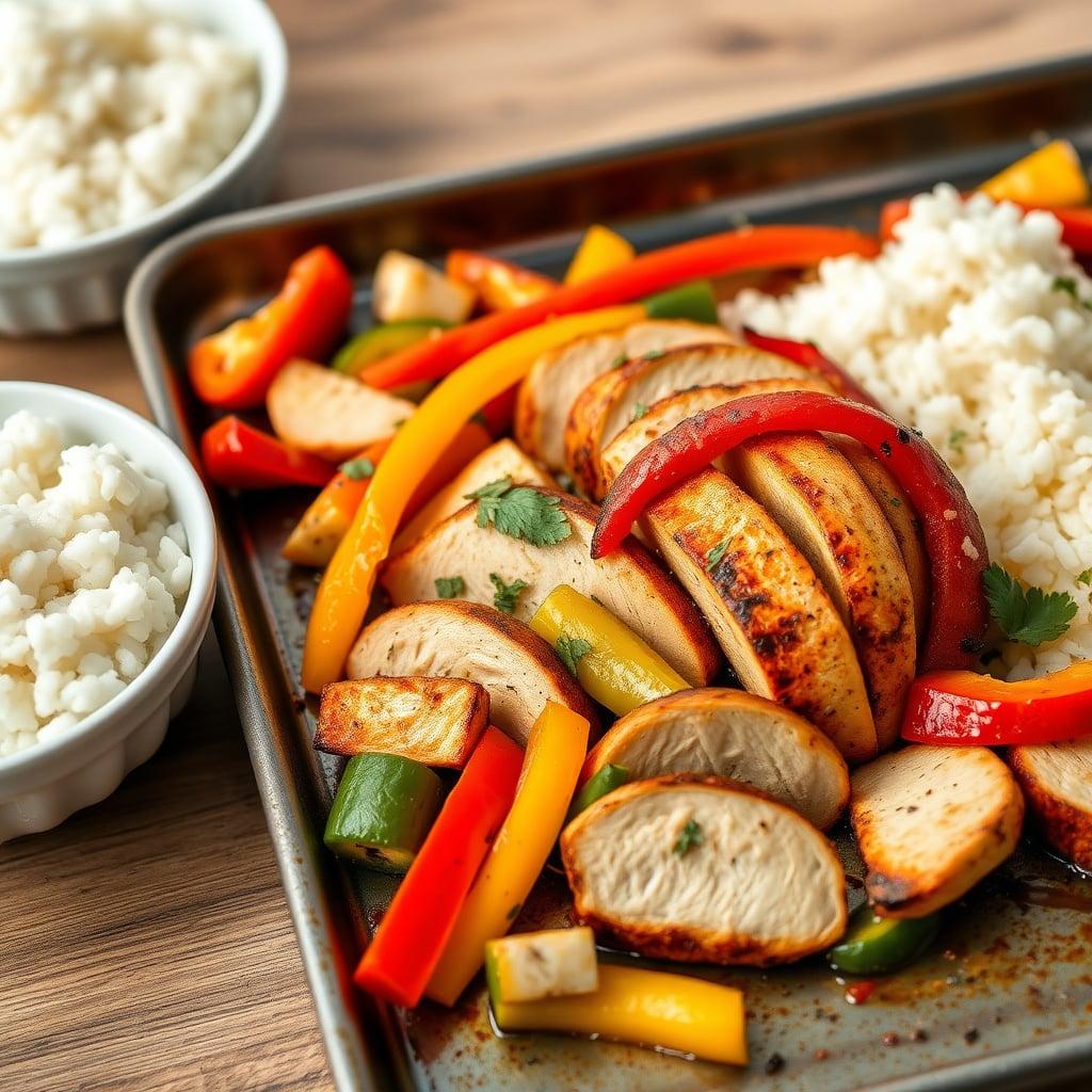 Sheet Pan Mild Chicken Fajitas with Sweet Bell Peppers and Fluffy Rice Sheet Pan Mild Chicken Fajitas with Sweet Bell Peppers and Fluffy Rice