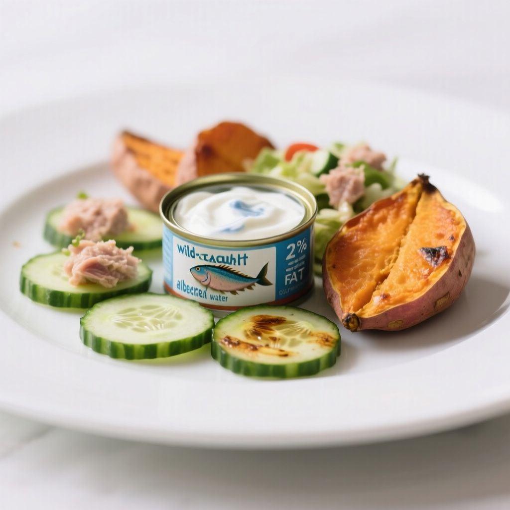 Tuna Salad on Roasted Sweet Potato and Cucumber Slices Tuna Salad on Roasted Sweet Potato and Cucumber Slices