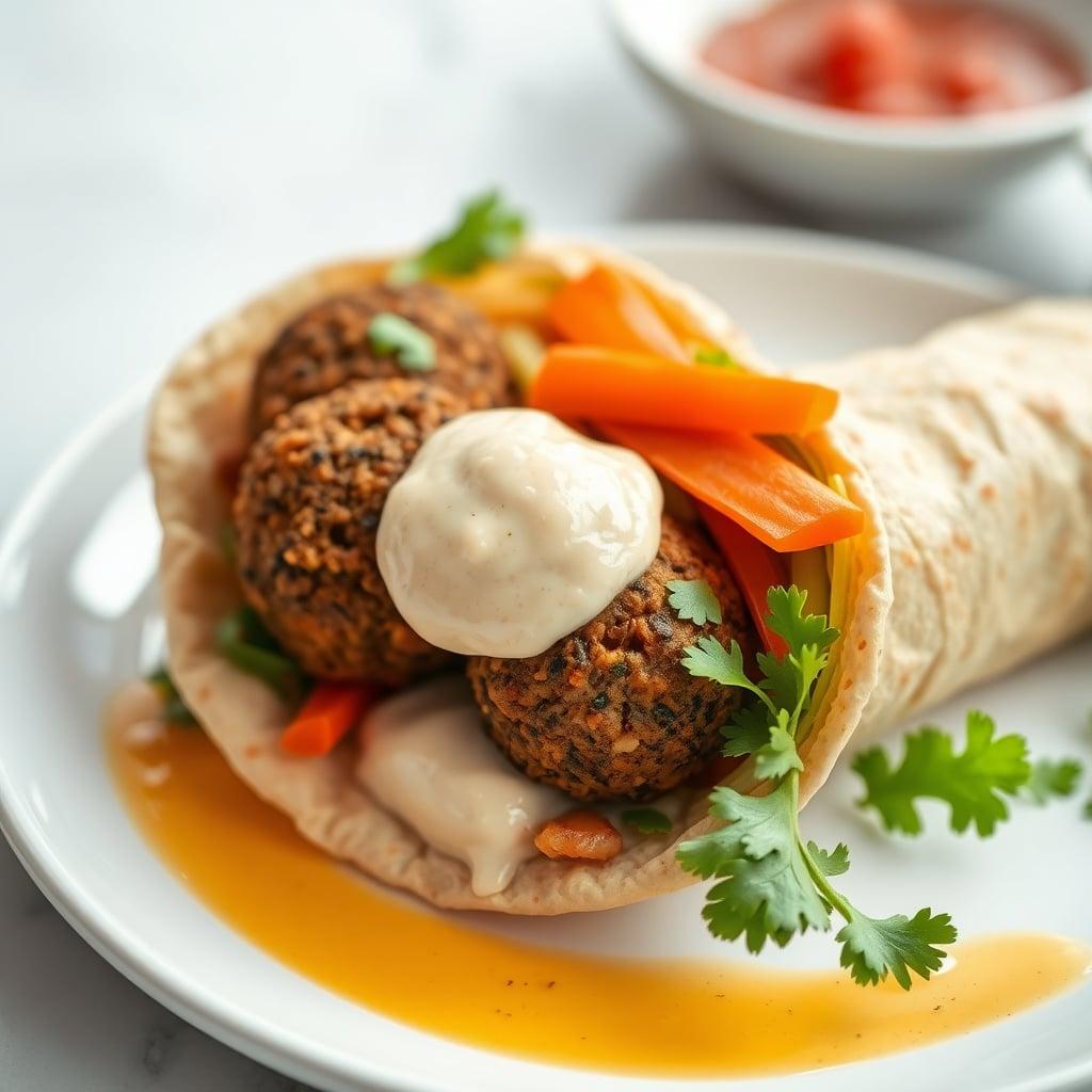 Middle Eastern Falafel and Roasted Vegetable Wrap with Tahini Sauce Middle Eastern Falafel and Roasted Vegetable Wrap with Tahini Sauce