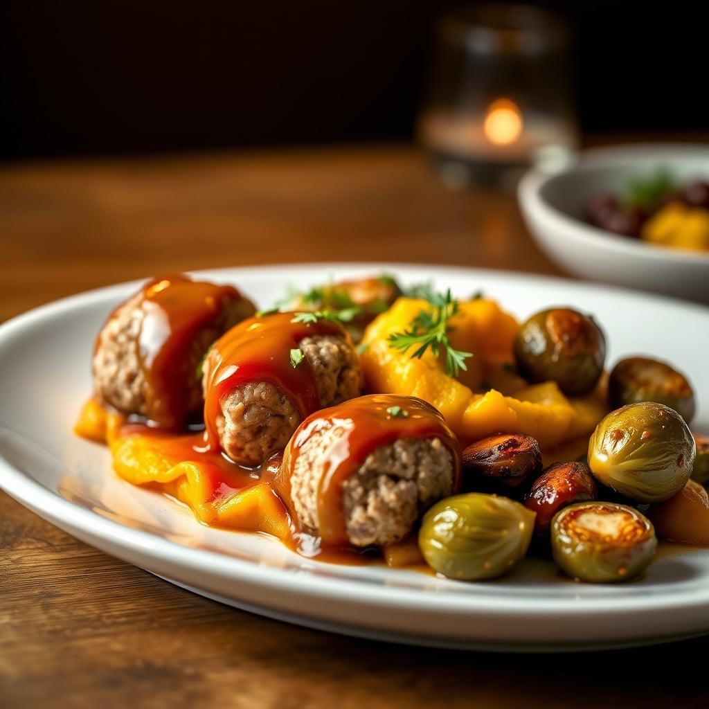 Maple-Dijon Glazed Turkey Meatballs with Butternut Squash Mash and Roasted Brussels Sprouts Maple-Dijon Glazed Turkey Meatballs with Butternut Squash Mash and Roasted Brussels Sprouts