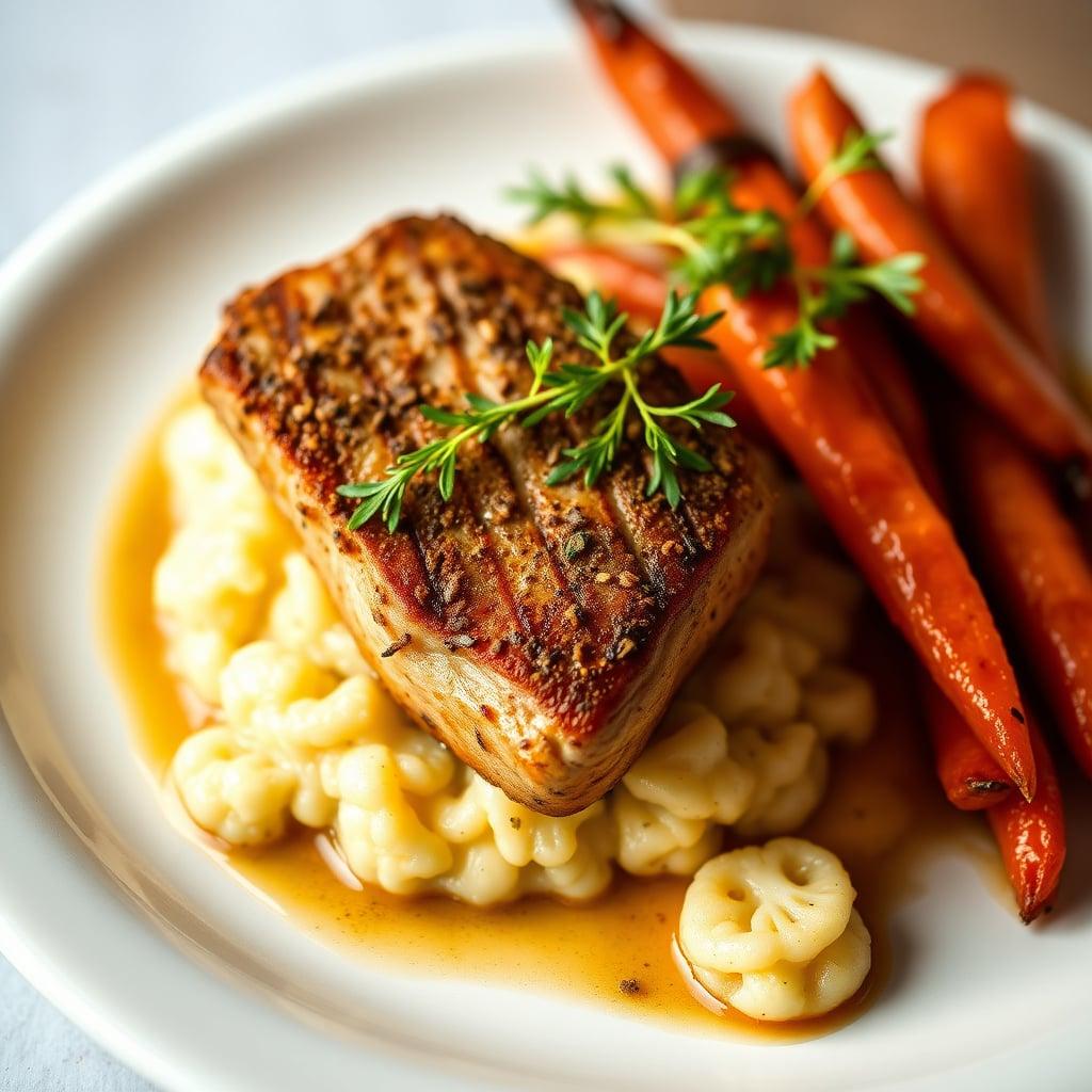 Herb-Crusted Dijon Pork Medallions with Roasted Garlic Cauliflower Mash and Glazed Carrots