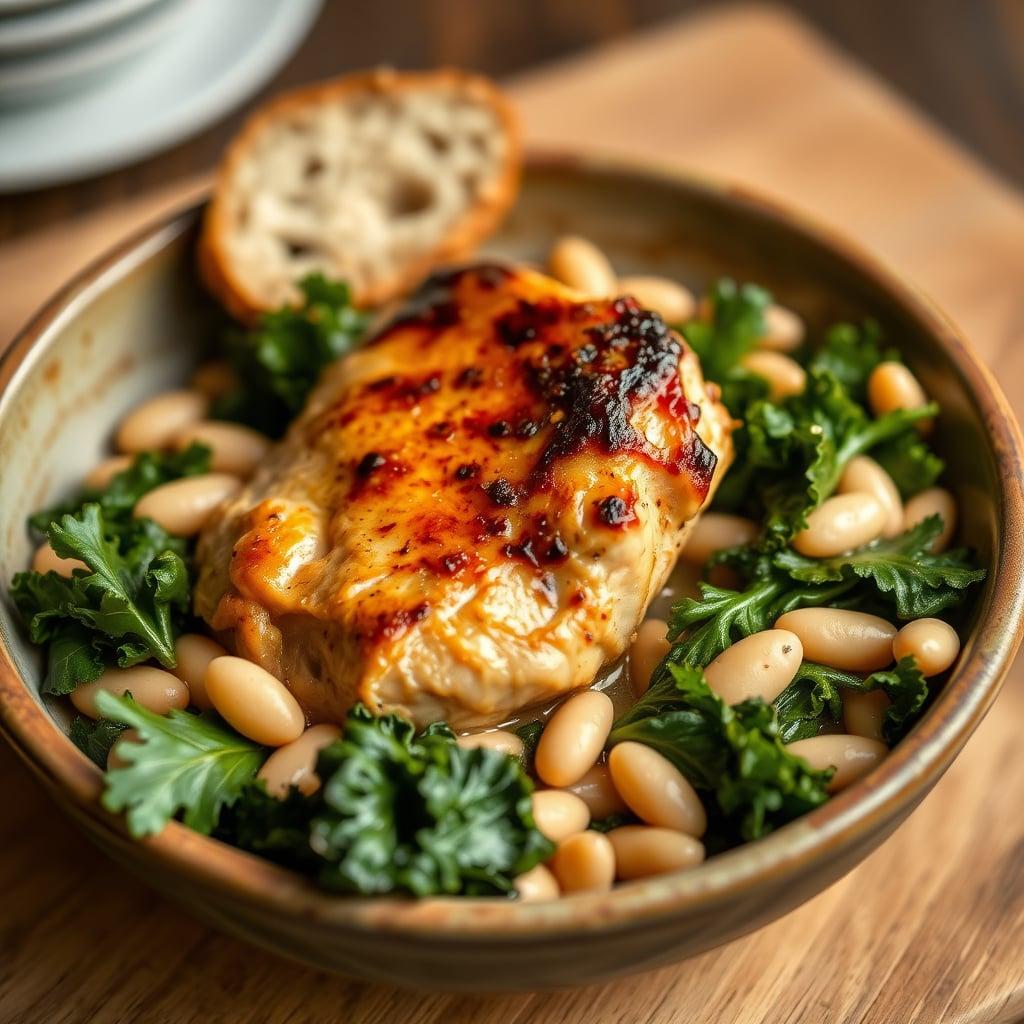 Braised Chicken Thighs with White Beans, Kale, and Sourdough