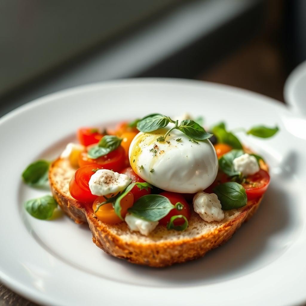 Tuscan Sourdough Panzanella with Burrata, Heirloom Tomatoes and Basil Vinaigrette