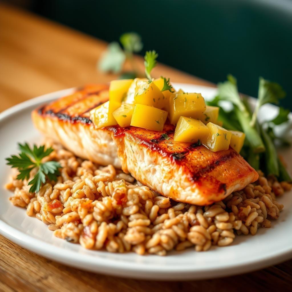 Grilled Salmon with Mango Salsa & Coconut Brown Rice Grilled Salmon with Mango Salsa & Coconut Brown Rice