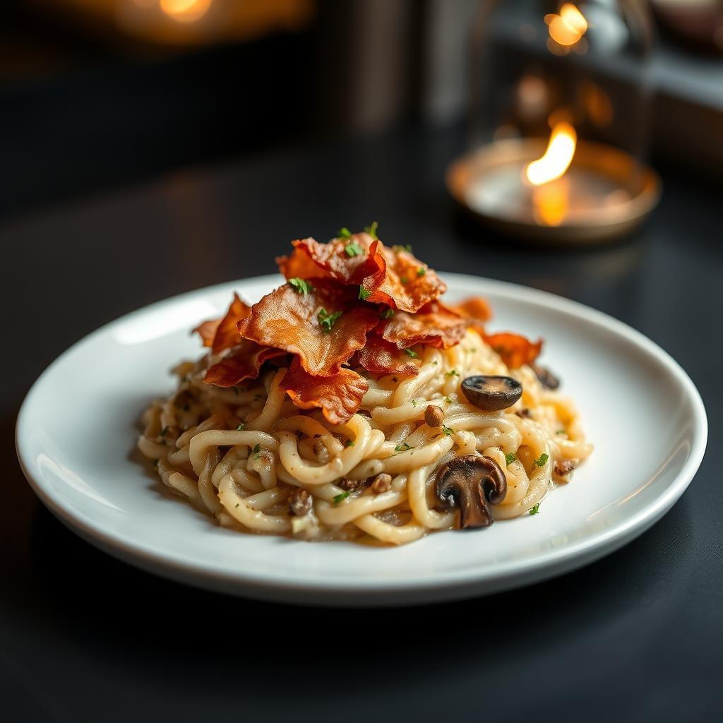 Truffle-Infused Wild Mushroom Risotto with Crispy Pancetta and Micro Herb Garnish Truffle-Infused Wild Mushroom Risotto with Crispy Pancetta and Micro Herb Garnish