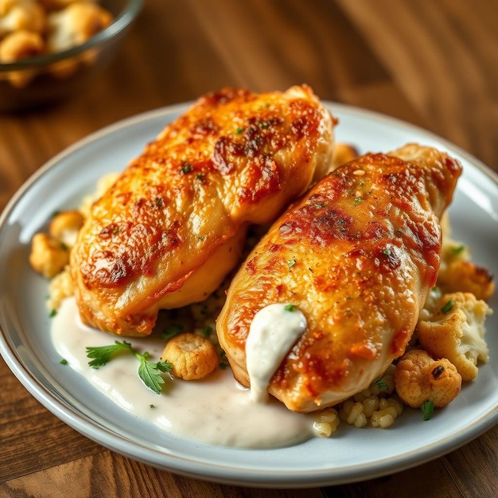 Crispy-Skinned Chicken Thighs with Creme Fraiche Pan Sauce, Roasted Cauliflower, and Parsley Orzo Crispy-Skinned Chicken Thighs with Creme Fraiche Pan Sauce, Roasted Cauliflower, and Parsley Orzo
